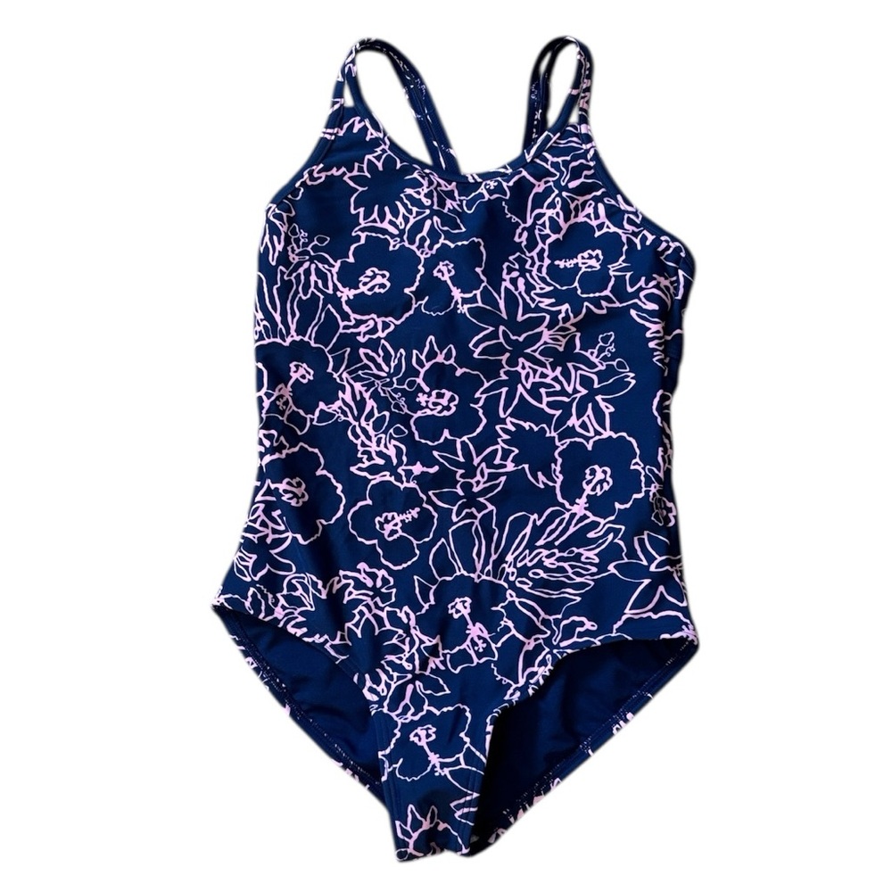 Athleta Girl One‎ Piece Blue Pink Tropical Floral Swimsuit Size L / 12 NWOT